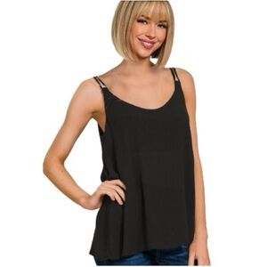 Zenana NEW Woven Double Spaghetti Strap V-Neck Cami Size Large Black